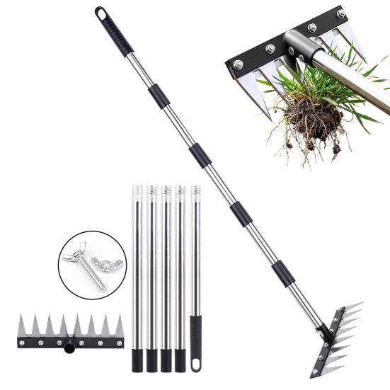 8-Tine Weeding Rake Adjustable Long Handle Weeding Tool Heavy Duty Weed Puller Manual Weeder for Garden Lawn Yard
