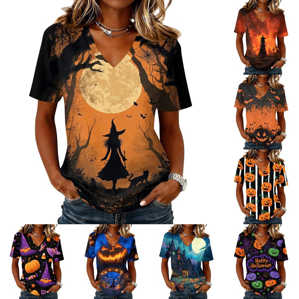 Women Casual Short Sleeve V Neck Pullover Top Halloween Pumpkin Print Lightweight Loose Fit Blouse for Everyday Wear
