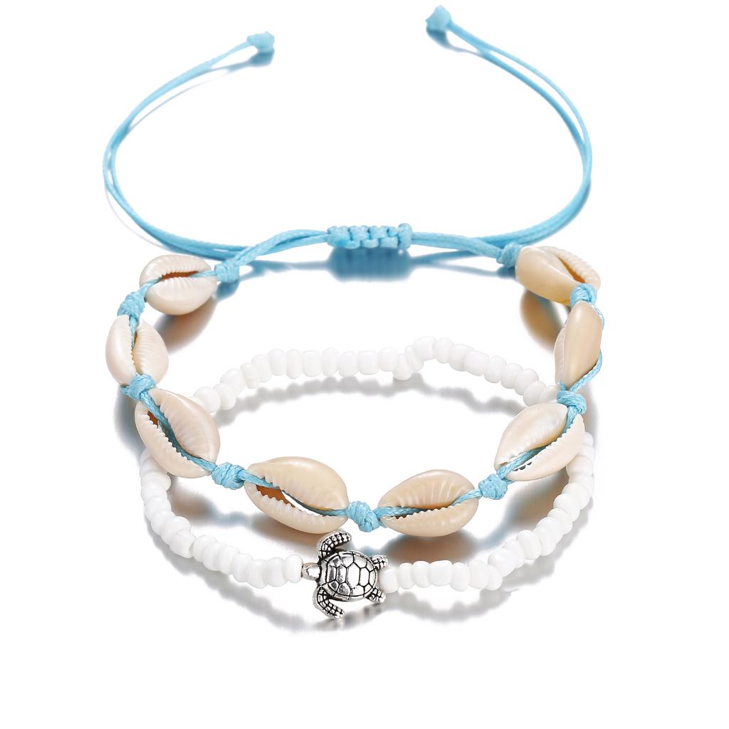 2Pcs Retro Style Beach Tortoise Shell Beads Push-pull Anklet Chain Set