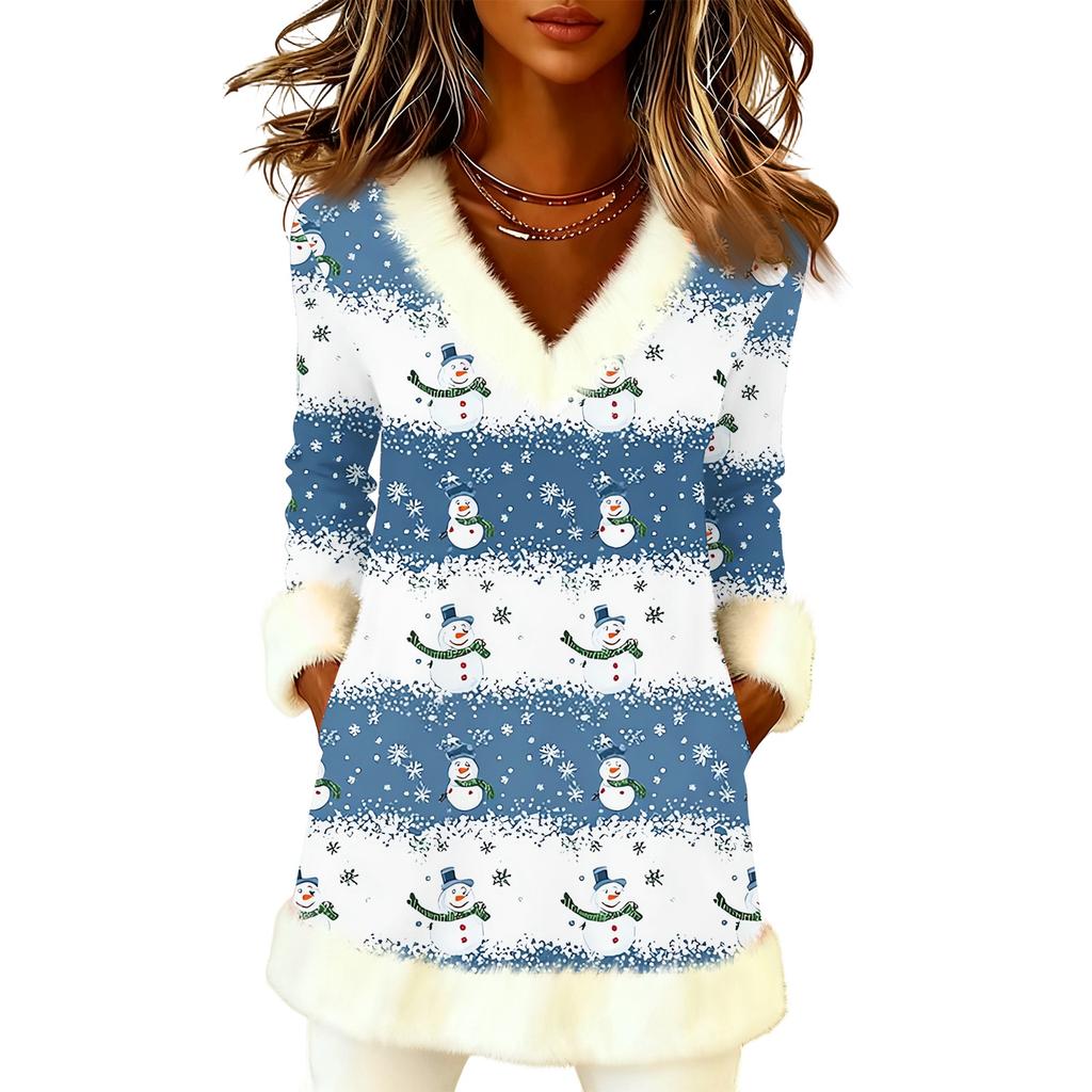 Women's Christmas Fashion Plush V-Neck Pullover Printed Long-Sleeved Top