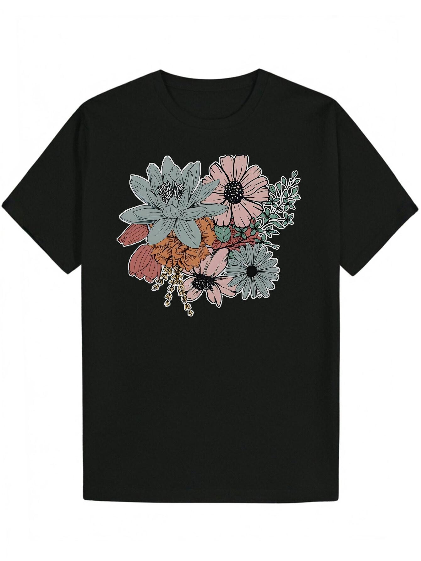 Short Sleeve T-shirt - Black Botanical Floral Print S