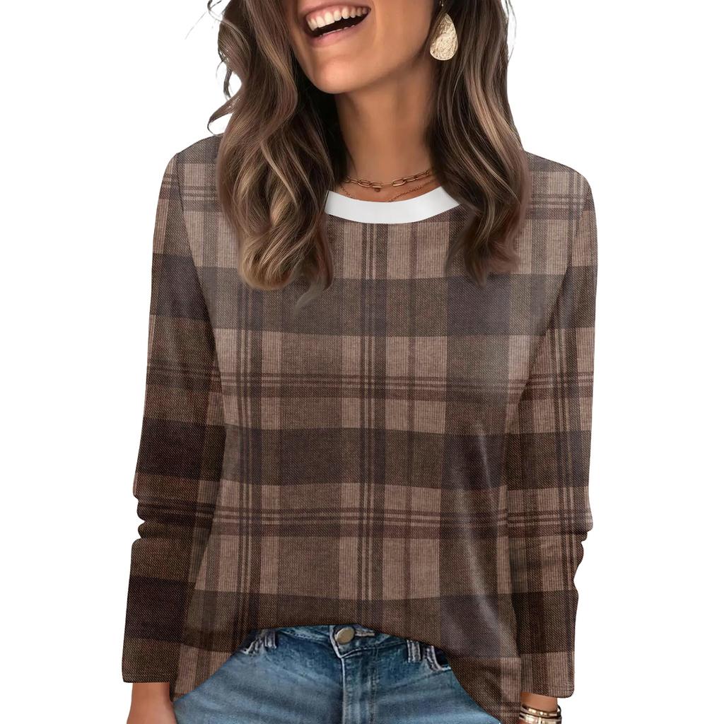 Ladies' Plaid Printed Fashionable Casual Round Neck Long Sleeved Round Neck Top
