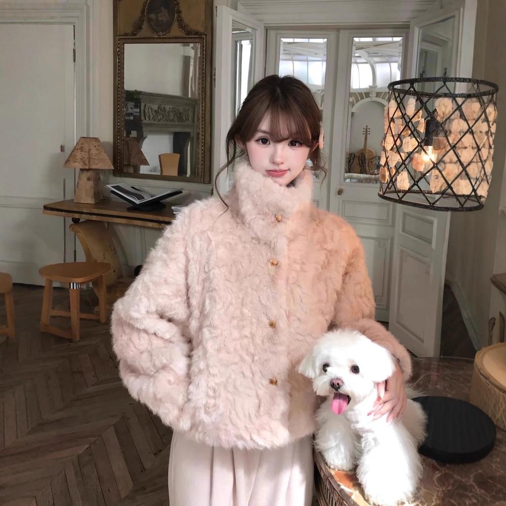 Winter stand-up collar lapel thickened fluffy environmentally friendly flower fox mink small short high-end fur integrated jacket women