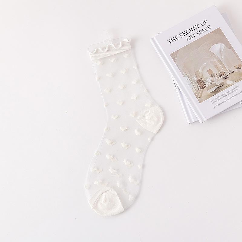 1 Pair Women's Lolita Summer Thin Crystal Glass Socks French Lace Ruffled Knee High Heart Stripes Sheer Mesh Socks for Girls