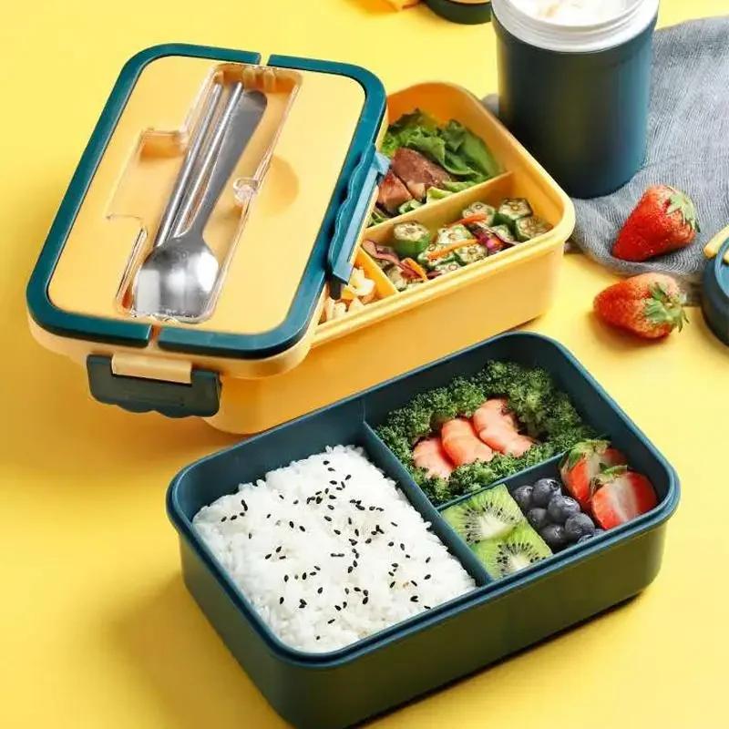 Square Lunch Box with Compartment, Wheat Straw Material, Leak - Proof, Japanese Style for Kids Student Food Container