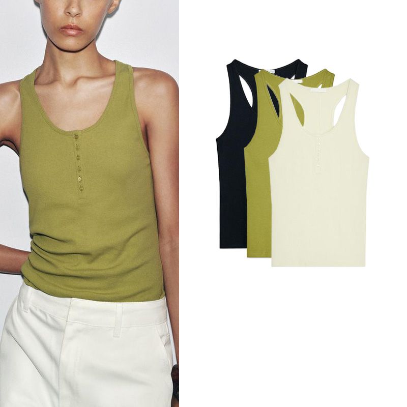 Summer New Product Women's Clothes French Simplicity Style Decorated Row Button Cotton Plaid Round Neck Sleeveless Tops 4786009