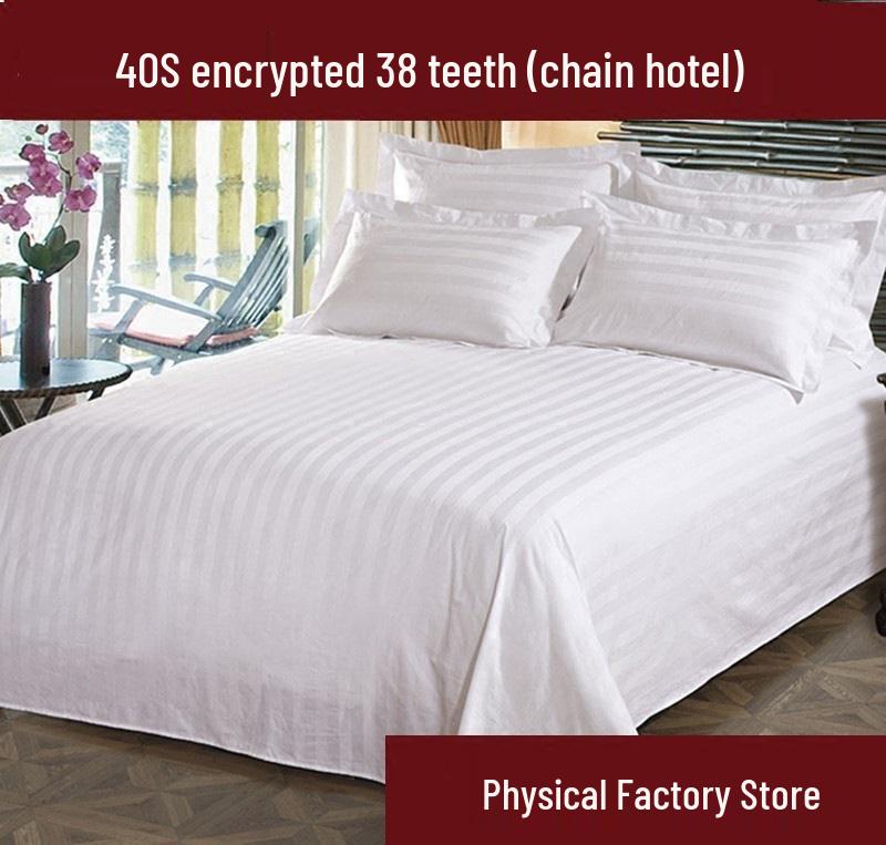 Hotel-Grade White Cotton Fitted Sheet with Three-Centimeter Stripe