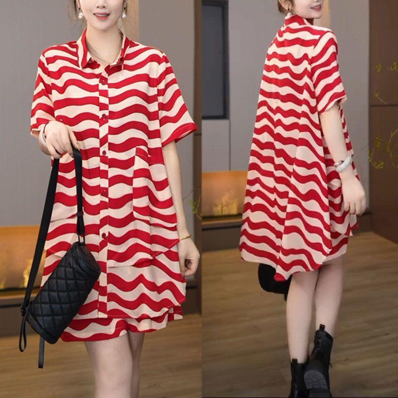 Printed Summer Fashion Two Piece Set Loose Plus Size T Shirt and Shorts Pants Slimming Outfit for Women