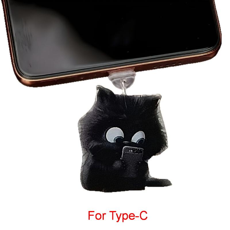 

1 Piece Acrylic 2D Flat Pendant Cute Black Cat Phone Dust Plug Keychain For Phone Type-C Interface Dust Plug Accessory Decor For Type-C
