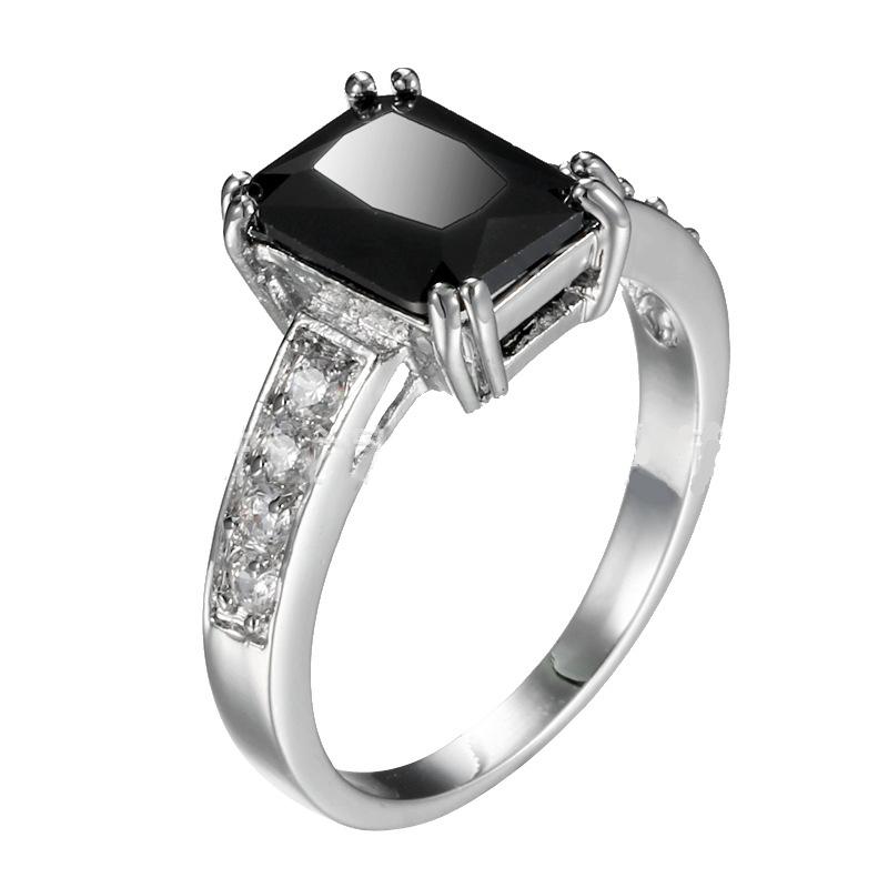 Genuine Sterling Silver Color Ring With Black Cubic Zirconia For Women With Stamp Wedding Diamante Size 6-7-8-9-10