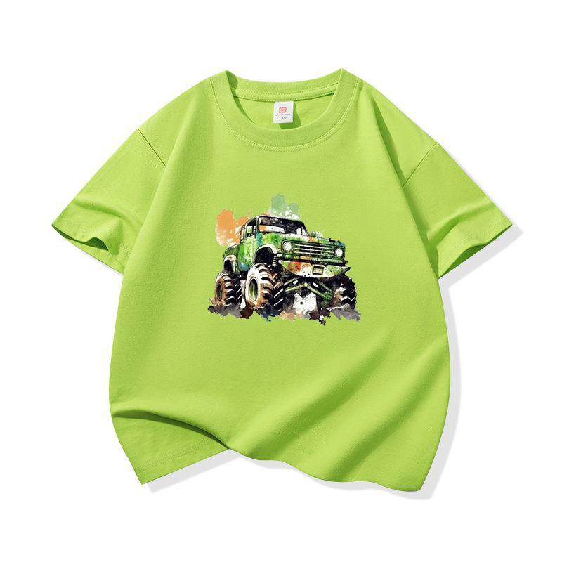 Kids Cotton T Shirt Green Watercolor Offroad Car Print Crew Neck Short Sleeve Tee Casual Breathable Boys Girls Summer Tops