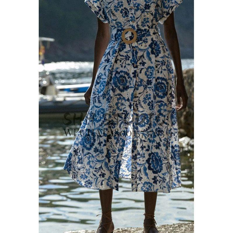 Spring New European and American Socialite Vacation Style V Neck Short Sleeve Mid-Length with Belt Print Dress 2901722