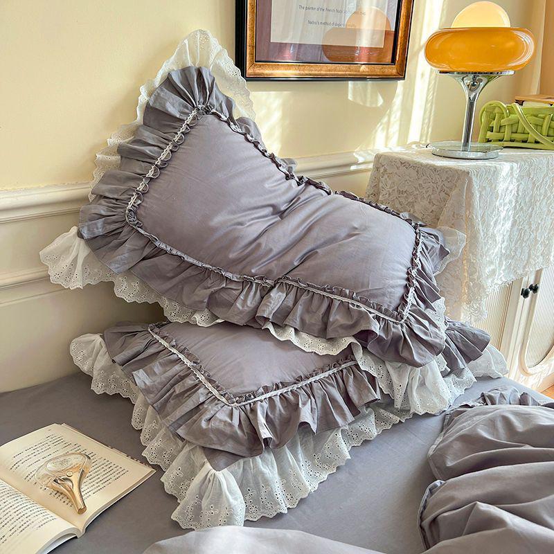 Korean Style Princess Embroidery Lace Trim Ruffle Pillowcase Pair for Single/Double Bed - Xinjiang Cotton (2026)