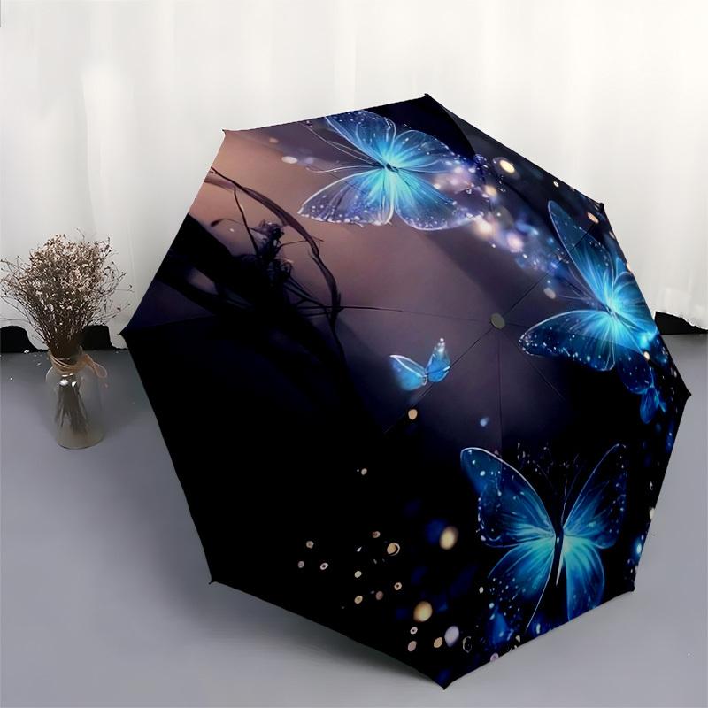 1pc Enchanted Blue Butterfly Garden Umbrella with Plastic Handle,Suitable for All Seasons Home Travel Outdoor UmbrellaDD136