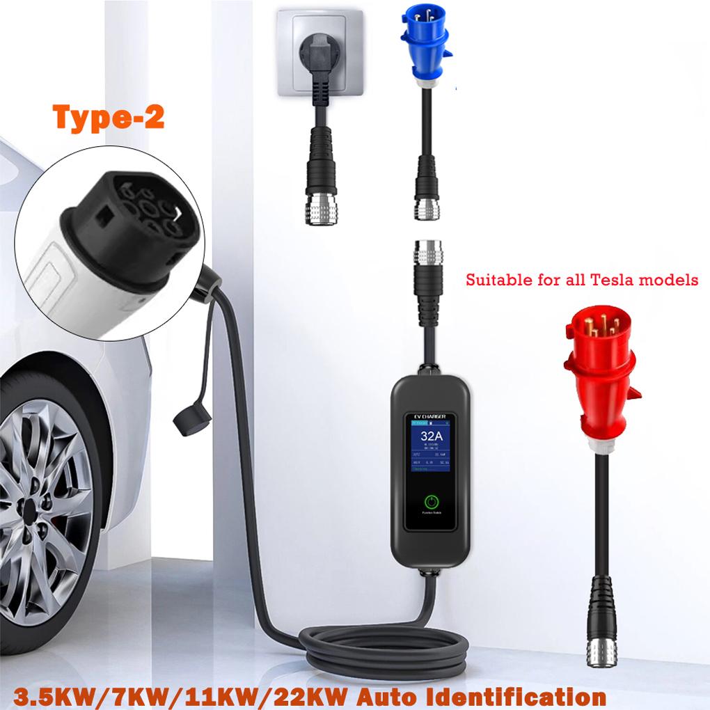 22KW 32A Type 2 Electric Vehicle Charging 5M Cable Ev Charger Ev Charge Current Auto Adjustable with 3 adapter cables