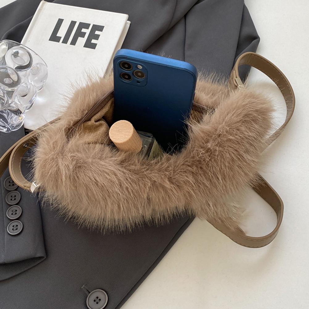 Adjustable Strap Clutch Purse Women Faux Fur Shoulder Bag Soft Plush Handbag Solid Color Hobo Bag for Travel Party