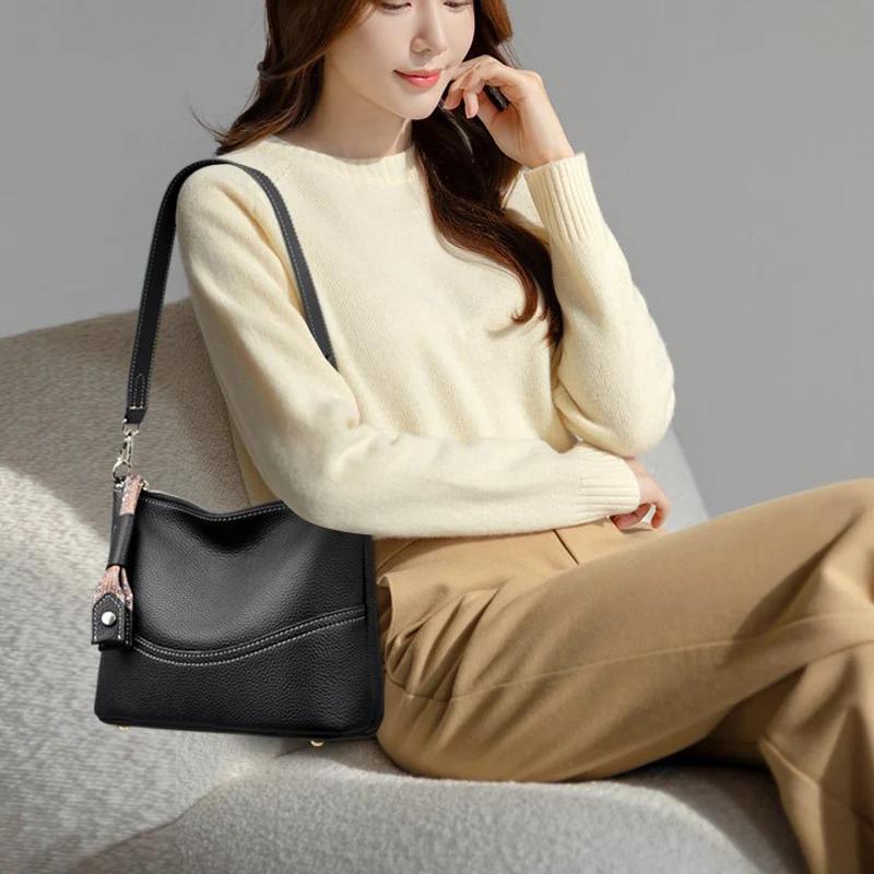 Women's Fashi Cow Leather Crossbody Bags Female Casual Commute Soft Handbags Ladies Retro Real Cowhide Shoulder Bag for Lady