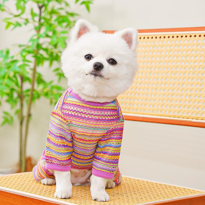 Breathable Hollow-Out 4-Legged Dog Jumpsuit for Small Dogs - Colorful Striped Puppy Clothing (2 Colors)