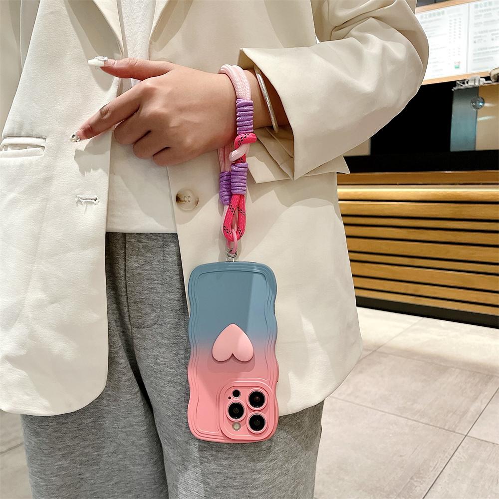 Cartoon Love Heart Gradient Lanyard Case for For Iphone 16 1 14 17 Pro Max Air Plus 12 13 11 Xr Xs Hand Wrist Strap Wave Soft Cover