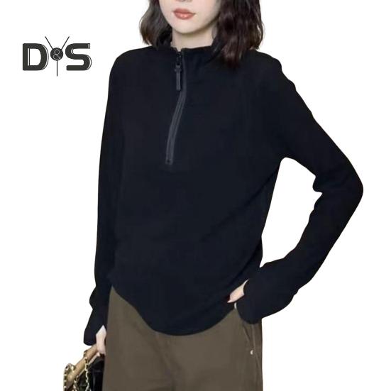 Lady Fall Winter Top Half Zipper Stand Collar Neck Protection Solid Color Loose Bottoming Sweatshirt Long Sleeves Elastic Layering Clothes for Sport
