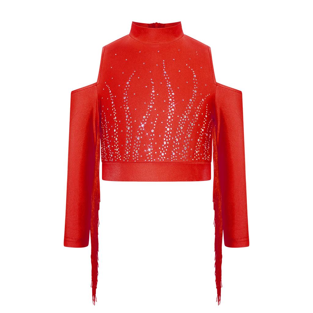 Girls Latin Dance Tops Tassels Long Sleeves Back Invisible Zipper Shiny Rhinestones Crop Top