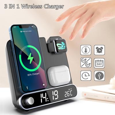 Bezdrátový nabíjecí stojan 3 v 1 pro iPhone 14 13 12 11 Pro Max Airpods iWatch Rychlá bezdrátová nabíjecí stanice Dock s LED digitálním hodinovým teploměrem