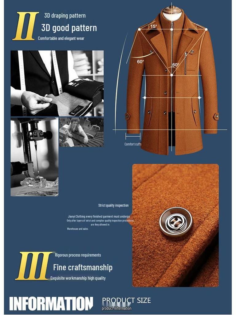 Men's Winter Wool Coat - Double Collar, Mid-Length for Middle-Aged and Elderly