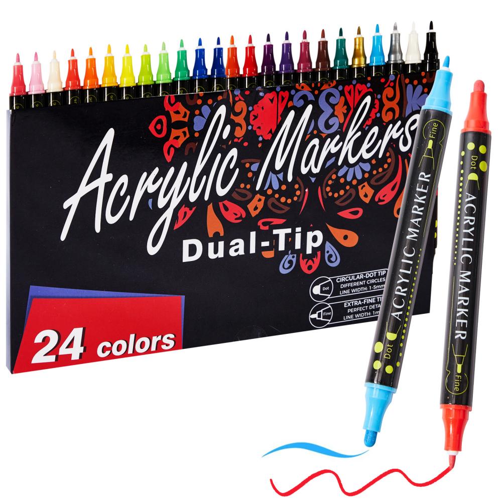 

24 Color Large Capacity Double Tip Acrylic Marker Strong Coverage,Bright Color for Rock Painting Mug Decoration DIY Art Supplies