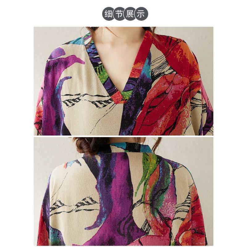 V-neck Loose Plus Size Simple Vacation Style Long Sleeve Women's Beach Dresses