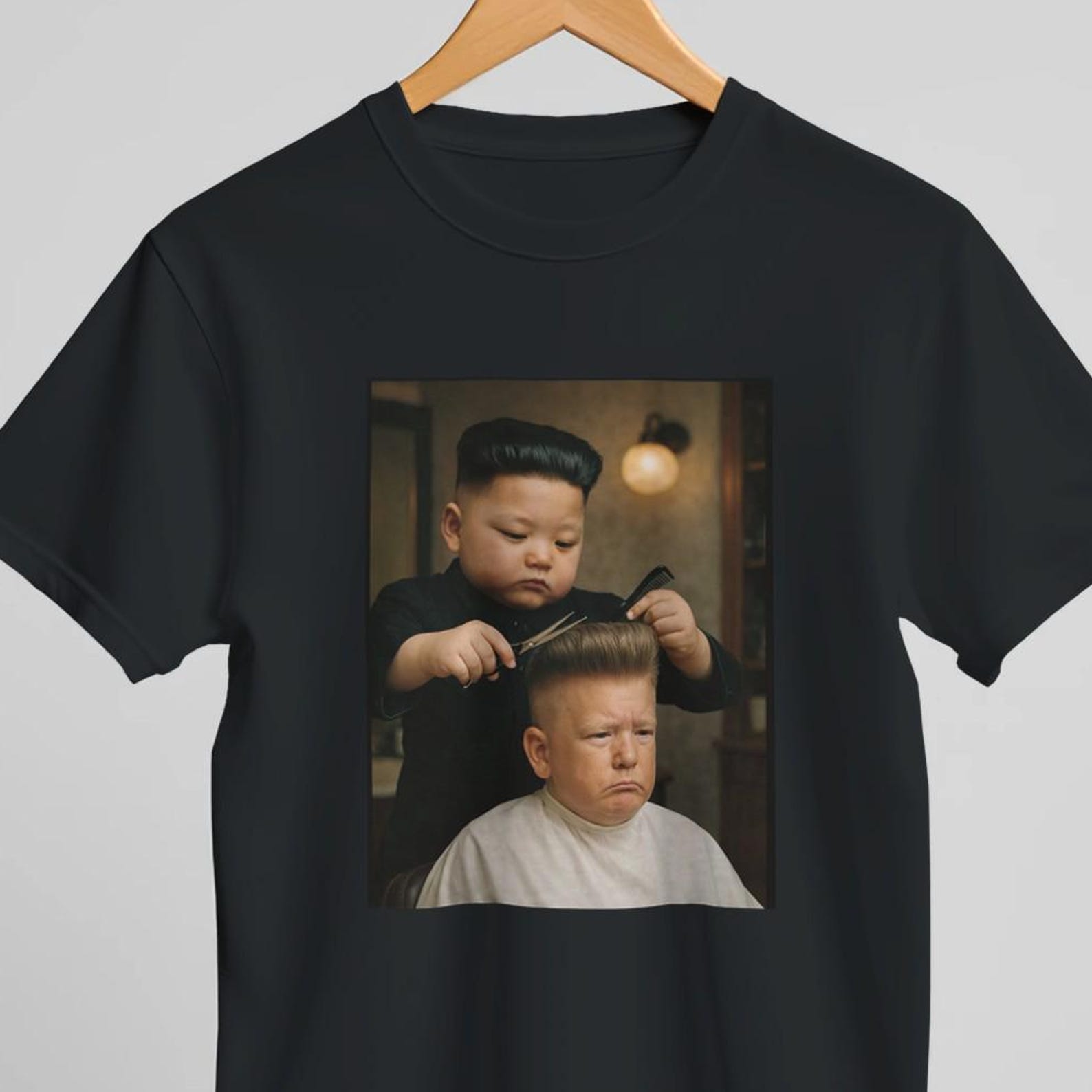Funny Baby Dictator Barber T-Shirt | Kim Jong Trump Shirt | Surreal Internet Humor Shirt | Viral Parody Meme Tee S