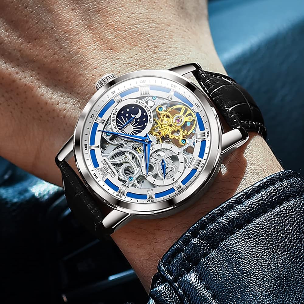 OLEVS Men's Mechanical Automatic & Manual Leather Fashion Watch Blue Skeleton Moon Phase Waterproof