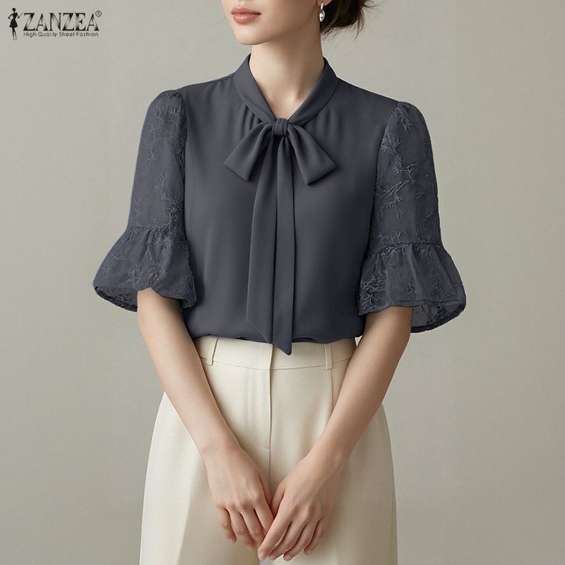 ZANZEA Damen Freizeitspitze Spleiß Halber Ärmel Lockere Bluse