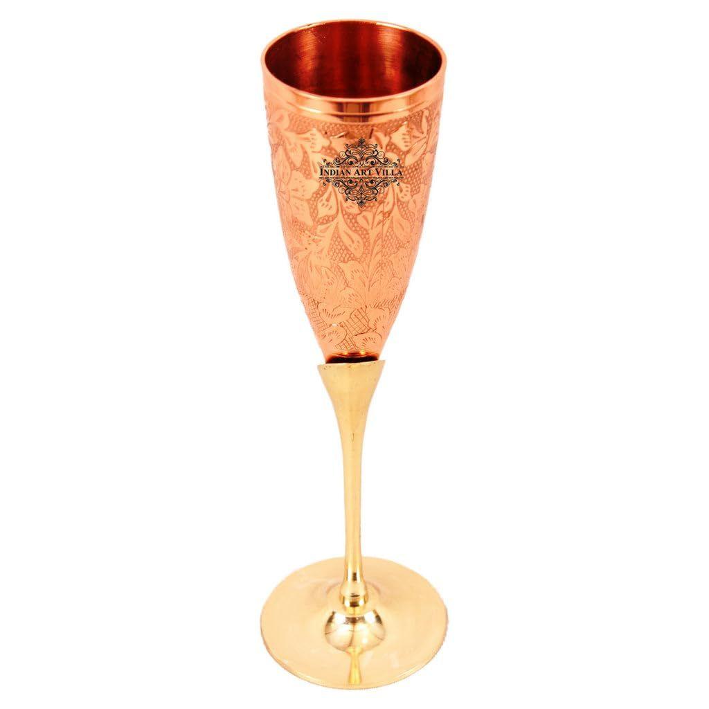 Copper Champagne Wine Glass with Brass Stand, Embossed Design, Perfect for Parties, Flute Glass, Champagne Glasses - 2 Pieces with Velvet Gift Box