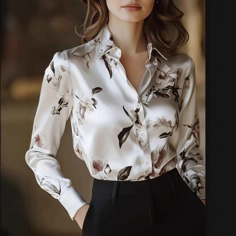 women floral print satin shirt collared long sleeve casual slim fit blouse S