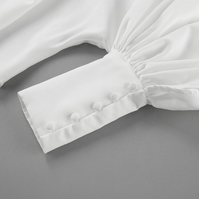 Mode Weiß Stehkragen Damenhemd Laternenärmel Elegant Locker Einfache Bluse 2025 Frühling Damen Lässig Langarm Top Damenbekleidung 3054