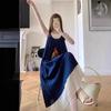 Blue Plaid Light Suspender Dress Women's Summer Loose Belly Cover and Thin Holiday Style Sleeveless Vest Long Skirt