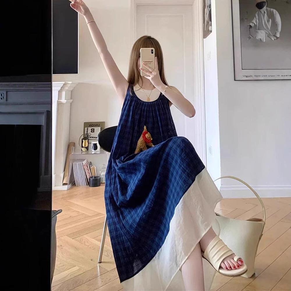 Blue Plaid Light Suspender Dress Women's Summer Loose Belly Cover and Thin Holiday Style Sleeveless Vest Long Skirt