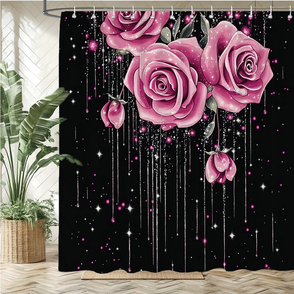 Shiny Rose Flower Style Printed Fabric Shower Curtain Bathroom Curtain,Valentine'S Day Home Decoration Curtain With Hooks