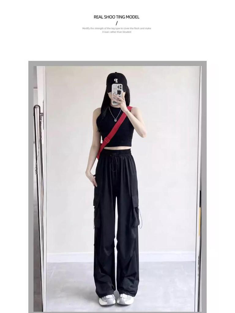 Women's High Waist Gray Wide Leg Parachute Pants - Summer Casual, Quick-Dry American Style Sportswear