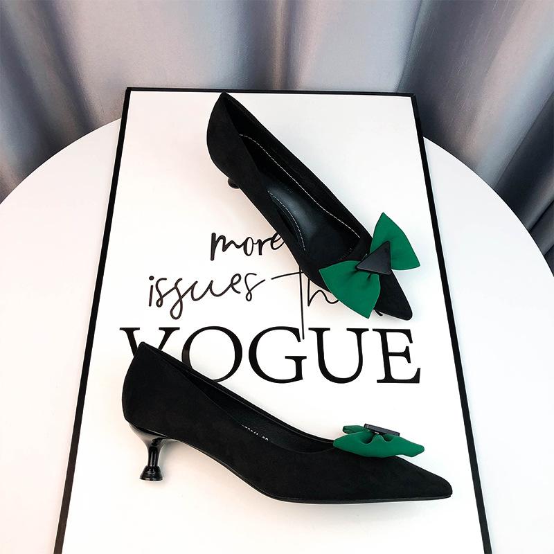 Fashion Elegant Butterfly Knot Design Women Pumps Pointed Toe Thin High Heels High Quality Cow Suede Upper Women Loafers Office Shoes