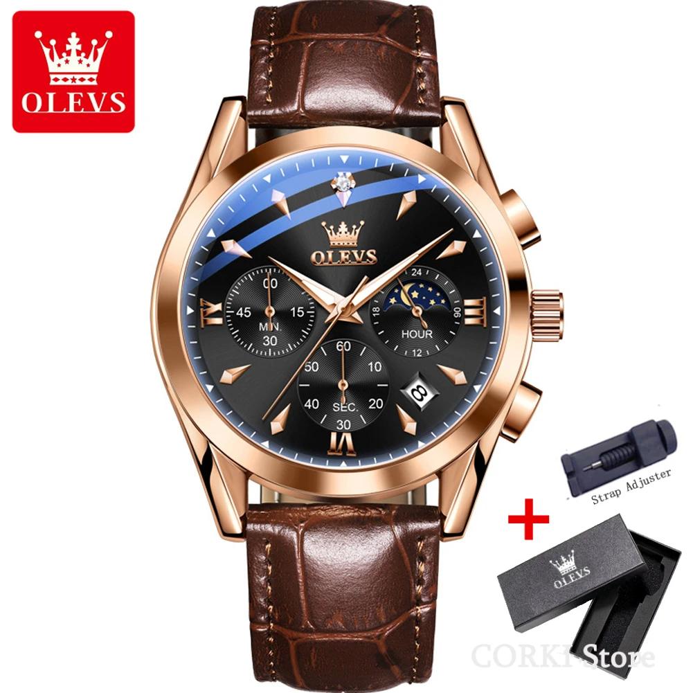 OLEVS 3609 Luxury Leather Quartz Mens Wristwatches Original Moon Phase Chronograph Waterproof Luminous Watch for Men Reloj Mujer