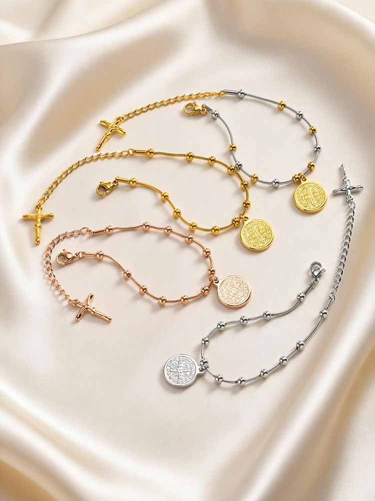 Edelstahl St. Benediktusmedaille Perlenkettenarmband Vergoldet Religiöses Kreuz Katholischer Schmuck Anlaufgeschützt Taufe Geschenk