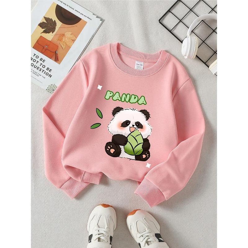 European Sizes Kids' Round-Neck Hoodie | Panda Eating Bamboo Rayon Leaf, Green Background,  , Sportswear and Casual Wear