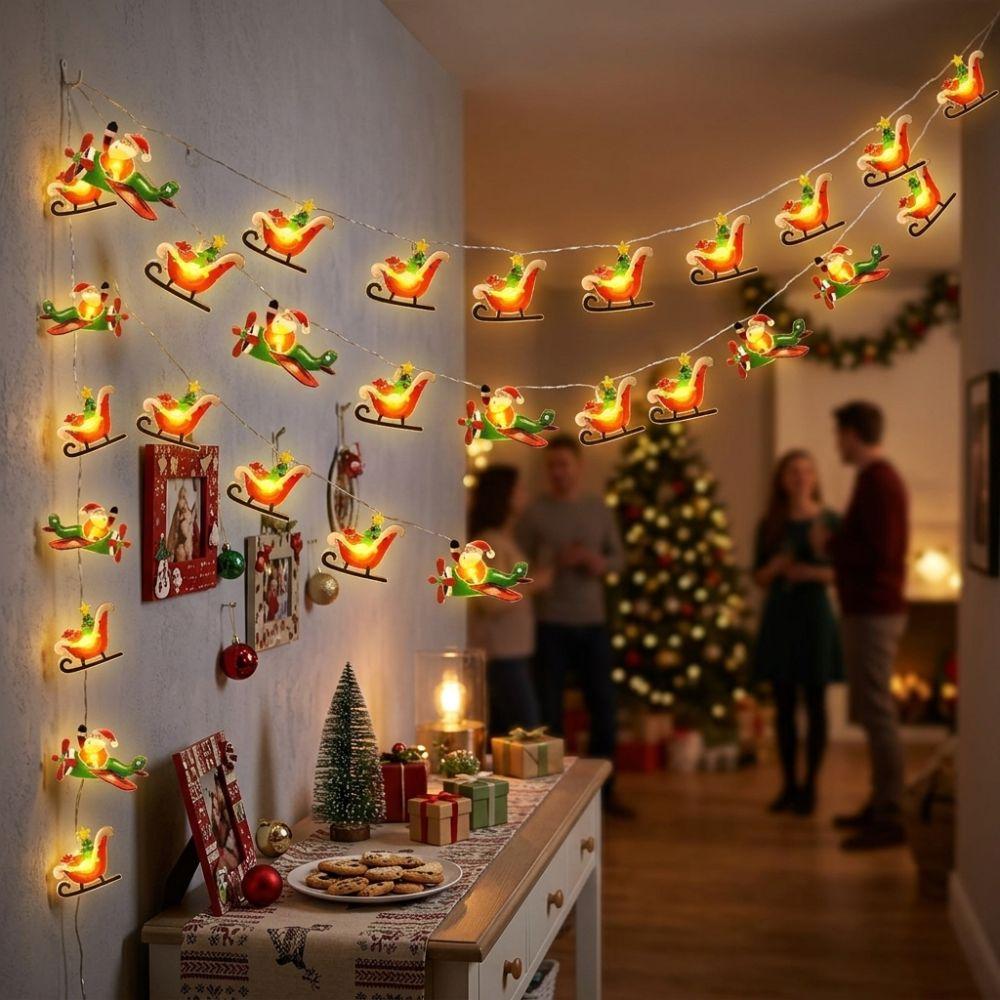 Warm Light Christmas LED String Lights DIY Garland Battery Powered Sleigh Airplane Christmas Lights Plastic Cartoon