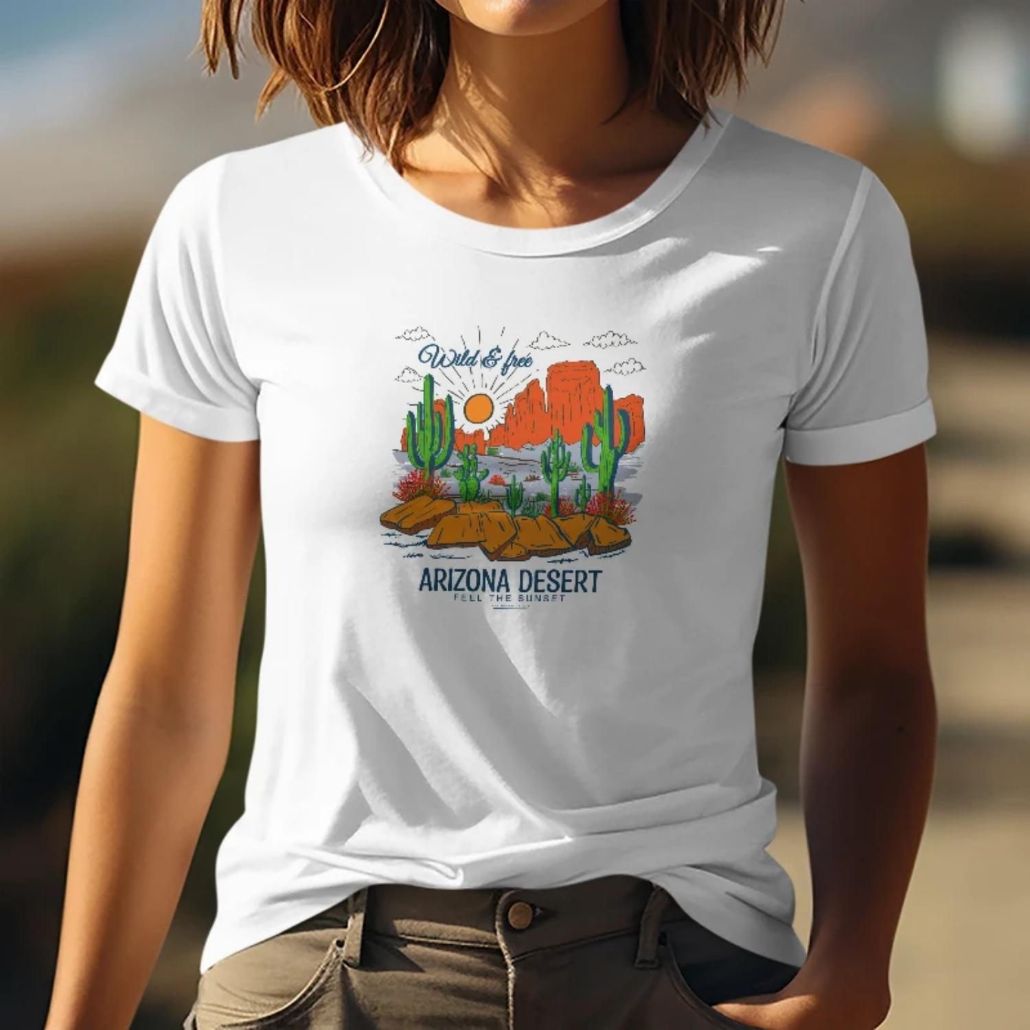Summer Womens Short Sleeve Cotton T Shirt Wild Free ArizonaDesert Print forOutdoor EscapesYoung Women with a Free spirited Style S