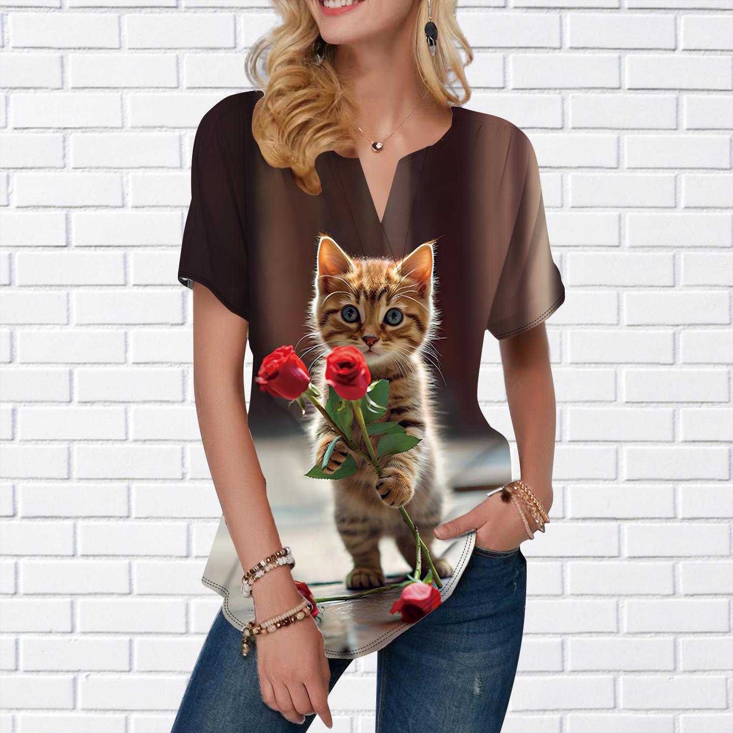 

Женская летняя футболка с принтом «Красная роза и кот» и короткими рукавами, повседневные топы с принтом, маленький v-образный вырез с короткими рукавами 8XL коричневый