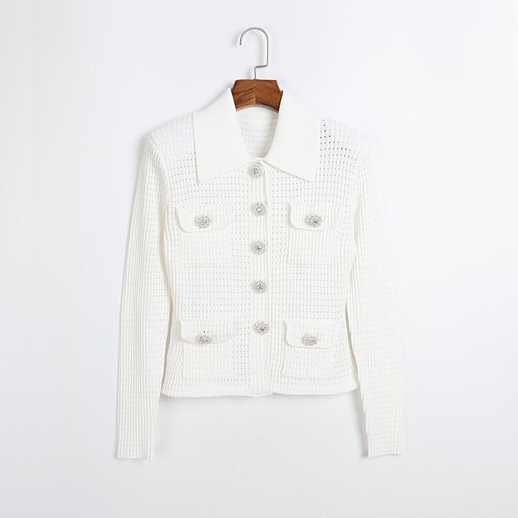 Women s Slim Fit Lapel Knit Top with Rhinestone Buttons - Long Sleeve, Stylish & Elegant Large