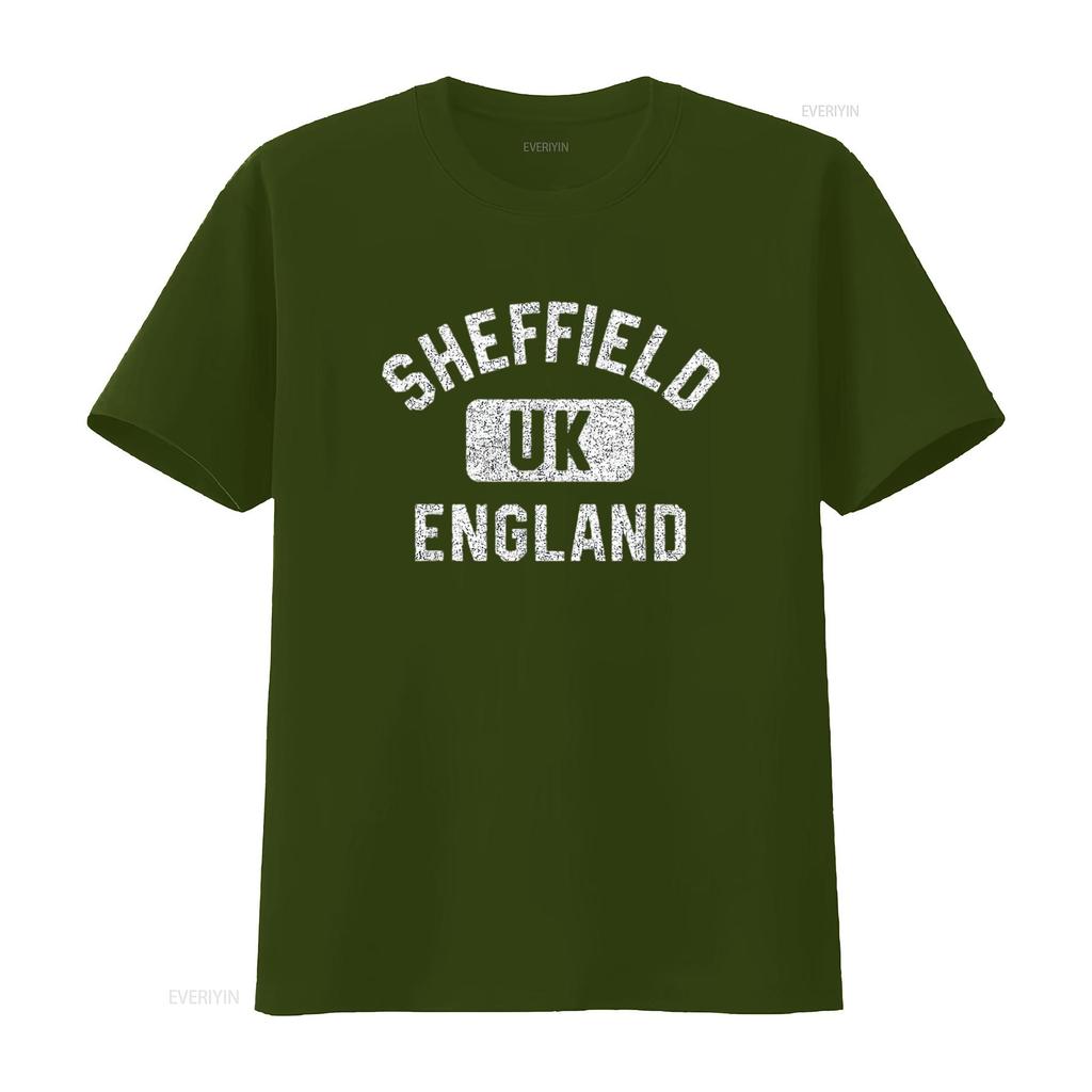 Mens Sheffield England UK Gym Style Distressed White Print T Shirt Black vintage Washed Comfortable Soft fashion Slightly