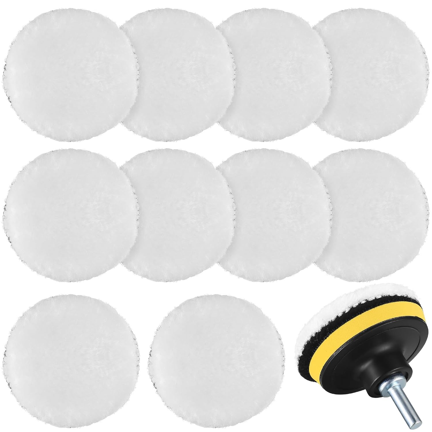 10 Pcs Wool Polishing Buffing Pads, 3 Inch Car Polishing Buffing Wheel With Hook And Loop Back For Drill Buffer Attachment, Car Buffer Polisher Kit