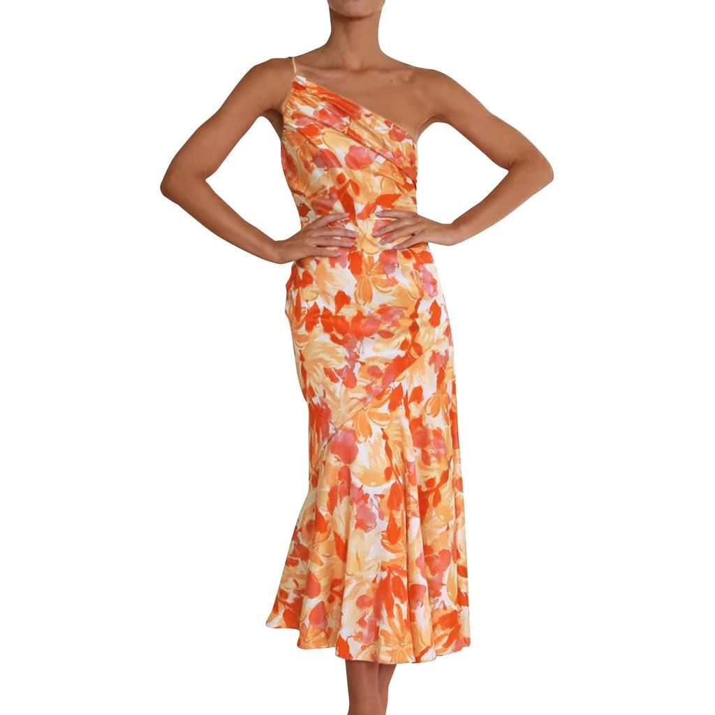 Stylish Slant Neck Strap Fishtail Print Dress